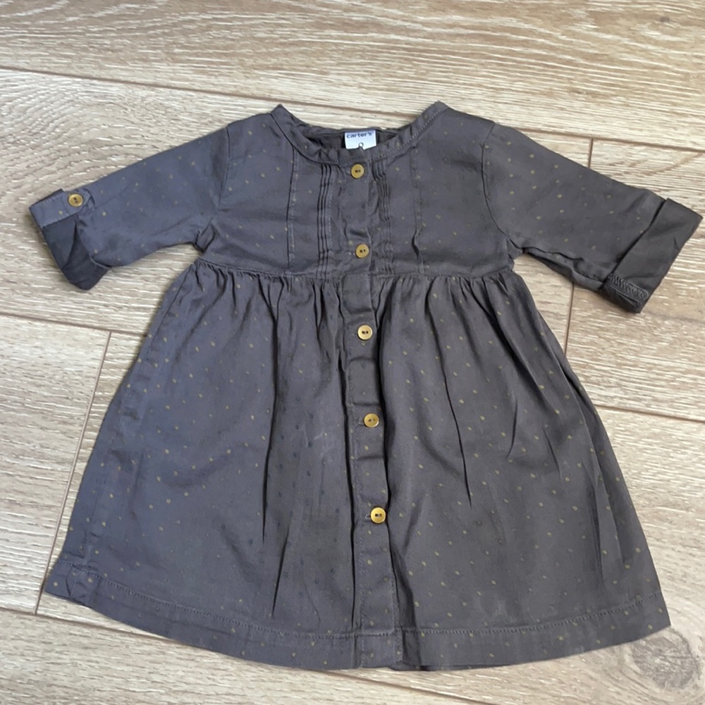Elegant and fun Carter’s gray and gold polka dot button up dress 9 months.